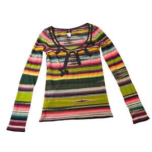 Jean Paul Gaultier Soleil Fuzzi Mesh Top Vintage Y2K Stripe Italy M Long Sleeve